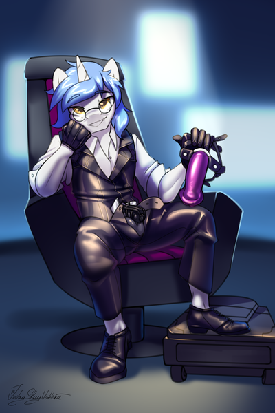 Size: 2000x3000 | Tagged: explicit, artist:jedayskayvoker, derpibooru import, oc, oc:silver rope, anthro, unicorn, bdsm, blurry background, boots, chastity, chastity cage, clothes, colored sketch, dildo, gear, gloves, horn, horsecock, horsecock dildo, image, latex, latex gloves, latex suit, looking at you, male, nudity, penis, png, raised eyebrow, sex toy, shiny, shirt, shoes, sketch, solo, solo male, unicorn oc, uniform