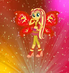 Size: 1297x1376 | Tagged: safe, artist:ketrin29, artist:user15432, derpibooru import, sunset shimmer, fairy, human, equestria girls, alternate hairstyle, barely eqg related, base used, believix, belly button, boots, clothes, crossover, cutie mark, fairy wings, fairyized, gradient background, hand on hip, high heel boots, high heels, image, looking at you, png, ponied up, red wings, shoes, sparkly background, sparkly wings, wings, winx, winx club, winxified