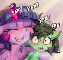 Size: 450x426 | Tagged: safe, artist:alcor, derpibooru import, edit, twilight sparkle, twilight sparkle (alicorn), oc, oc:anon, oc:anonfilly, alicorn, earth pony, pony, comic:display of passion, blushing, comic, cropped, explicit source, eyes closed, female, filly, floppy ears, foal, image, jpeg, lying down, male to female, mare, on back, panting, rule 63, shocked, smiling, text, transformation, transgender transformation, traumatized
