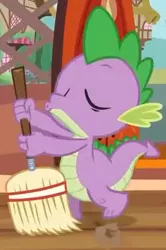 Size: 293x440 | Tagged: safe, derpibooru import, spike, dragon, season 4, twilight time, broom, eyes closed, golden oaks library, image, jpeg, library, male, sweeping, whistling, youtube link