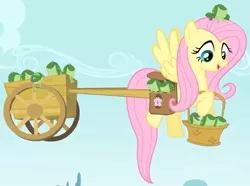 Size: 661x492 | Tagged: safe, derpibooru import, fluttershy, frog, pegasus, pony, feeling pinkie keen, season 1, bag, basket, carrying, female, flying, image, jpeg, looking down, mare, saddle bag, sky, smiling, wagon, wings, youtube link