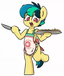Size: 867x1033 | Tagged: safe, artist:spheedc, derpibooru import, oc, oc:apogee, unofficial characters only, pegasus, semi-anthro, apron, clothes, female, filly, food, image, jpeg, knife, solo