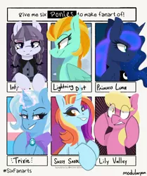 Size: 1976x2360 | Tagged: safe, artist:modularpon, derpibooru import, inky rose, lightning dust, lily, lily valley, princess luna, sassy saddles, trixie, alicorn, earth pony, pegasus, pony, unicorn, image, jpeg, pride, pride flag, transgender pride flag