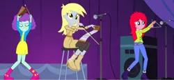 Size: 1206x558 | Tagged: safe, derpibooru import, blueberry pie, derpy hooves, raspberry fluff, human, equestria girls, rainbow rocks, bell, cowbell, eyes closed, image, jpeg, microphone, microphone stand, musical instrument, musical saw, sitting, smiling, speaker, stool, the muffins, triangle, youtube link