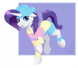 Size: 2624x2304 | Tagged: safe, artist:bydena, derpibooru import, rarity, pony, unicorn, alternate hairstyle, baseball cap, blue eyes, cap, clothes, disguise, fanart, female, hat, image, plainity, png, purple hair, shirt, shorts, solo, solo female