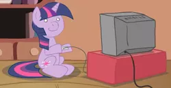 Size: 1009x520 | Tagged: safe, artist:mrponiator, twilight sparkle, pony, unicorn, controller, female, golden oaks library, horn, image, jpeg, library, mare, sitting, smiling, television, unicorn twilight, video game