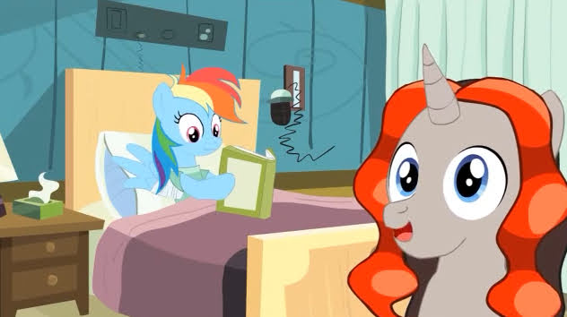 Size: 632x354 | Tagged: safe, artist:mrponiator, rainbow dash, oc, oc:mic the microphone, pegasus, pony, unicorn, read it and weep, season 2, bed, book, colt, exploitable meme, female, hospital, image, jpeg, male, mare, meme, reading, reading rainbow, stallion