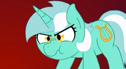 Size: 632x349 | Tagged: safe, artist:mrponiator, lyra heartstrings, pony, unicorn, angry, female, horn, image, jpeg, mare, nose wrinkle, red background, scrunchy face, simple background