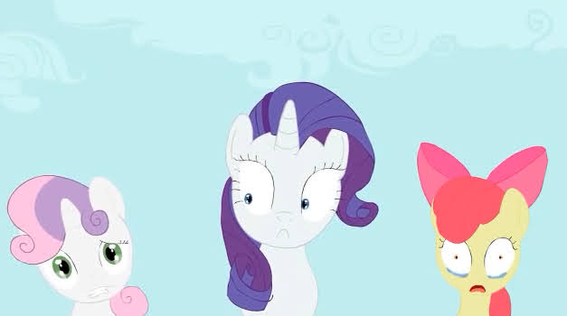 Size: 627x350 | Tagged: safe, artist:mrponiator, apple bloom, rarity, sweetie belle, earth pony, pony, unicorn, sisterhooves social, bow, confused, crying, female, filly, hair bow, horn, image, jpeg, mare, shocked