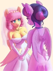 Size: 900x1200 | Tagged: safe, artist:raikoh, derpibooru import, fluttershy, twilight sparkle, alicorn, anthro, pegasus, breasts, bridal veil, bride, busty fluttershy, clothes, dress, female, image, jpeg, lesbian, shipping, twishy, wedding dress, wedding veil