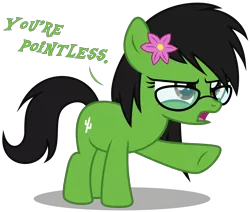 Size: 3780x3210 | Tagged: safe, artist:strategypony, derpibooru import, oc, oc:prickly pears, unofficial characters only, earth pony, pony, black mane, black tail, dialogue, earth pony oc, female, filly, flower, flower in hair, foal, glasses, green coat, image, meme, png, pointing, raised hoof, simple background, tail, text, transparent background, you're pointless