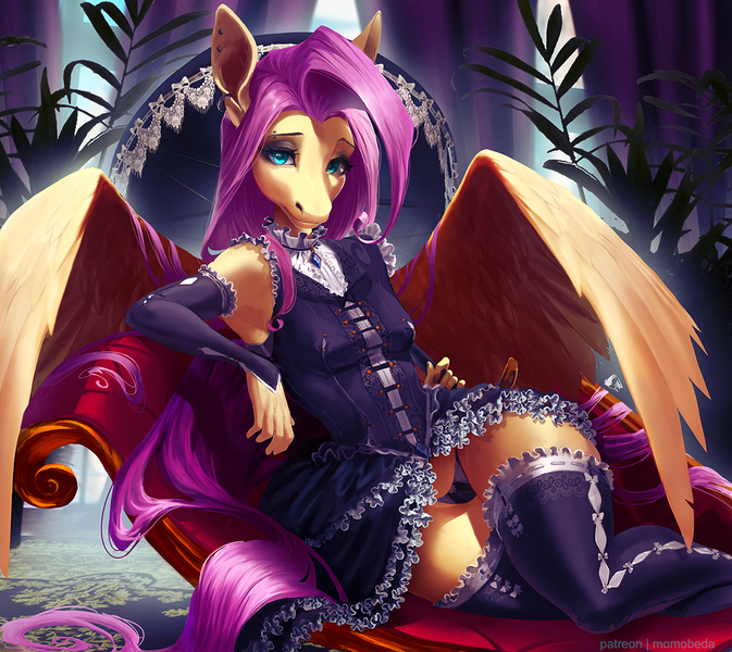 Size: 1100x981 | Tagged: suggestive, artist:momobeda, derpibooru import, fluttershy, anthro, pegasus, breasts, clothes, couch, ear piercing, earring, fluttergoth, gloves, hoers, image, jewelry, long gloves, looking at you, necklace, panties, piercing, png, skirt, small breasts, socks, stockings, thigh highs, umbrella, underwear