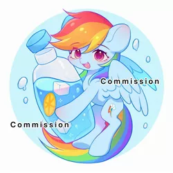 Size: 2604x2604 | Tagged: safe, artist:leafywind, derpibooru import, rainbow dash, pegasus, pony, colored pupils, commission, cute, dashabetes, female, food, high res, ice cube, image, jpeg, lemon, looking at you, mare, open mouth, solo, water bottle, watermark