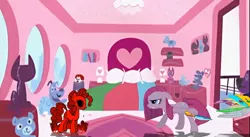Size: 800x439 | Tagged: safe, derpibooru import, pinkie pie, earth pony, pony, bed, bedroom, crossover, female, image, jpeg, looking at each other, looking at someone, mare, mugen, pillow, pinkamena diane pie, smiling, the powerpuff girls, youtube link, zalgo, zalgo pie