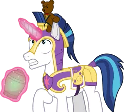Size: 731x657 | Tagged: safe, artist:t.s. lightner, derpibooru import, shining armor, pony, unicorn, .svg available, animate object, armor, canterlot wedding 10th anniversary, cookie, cookie jar, ear pull, food, image, jar, magic, magic aura, male, plushie, png, simple background, stallion, surprised, teddy bear, transparent background, vector