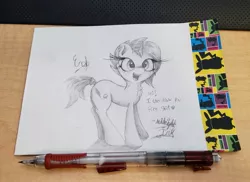 Size: 3045x2217 | Tagged: safe, artist:engi, derpibooru import, oc, oc:midnight ink, unofficial characters only, pony, unicorn, female, grayscale, happy, image, jpeg, looking at you, monochrome, open mouth, pencil drawing, photo, simple background, solo, traditional art