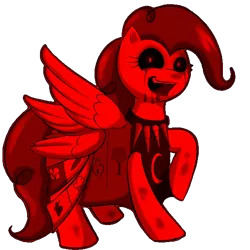 Size: 600x600 | Tagged: semi-grimdark, artist:kloudmutt, derpibooru import, edit, editor:pagiepoppie12345, pinkie pie, earth pony, pony, fanfic:cupcakes, artifact, broken horn, clothes, creepy, creepypasta, cutie mark dress, dress, female, horn, horn necklace, image, insanity, jewelry, mare, necklace, png, raised hoof, severed limb, severed wing, simple background, smiling, solo, transparent background, wings, zalgo, zalgo pie