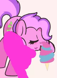 Size: 487x662 | Tagged: safe, artist:zonkpunch, derpibooru import, edit, editor:pagiepoppie12345, oc, oc:sweet strokes, unofficial characters only, eyes closed, food, ice cream, image, jpeg, licking, rule 63, simple background, smiling, sugar brush, tongue out, white background