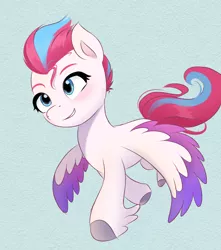 Size: 1536x1736 | Tagged: safe, artist:pipp_petal, derpibooru import, zipp storm, pegasus, pony, adorazipp, blue background, blushing, cute, feathered fetlocks, female, flapping wings, g5, grin, image, jpeg, mare, simple background, smiling, solo, spread wings, wings