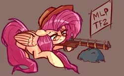 Size: 3255x2000 | Tagged: safe, artist:solid shrimp, derpibooru import, fluttershy, pegasus, pony, /mlp/ tf2 general, bazaar bargain, glasses, gun, hat, image, png, rifle, simple background, sniper, sniper rifle, snipershy, solo, team fortress 2, weapon