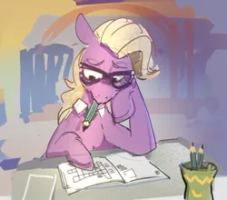 Size: 1220x1073 | Tagged: safe, artist:alumx, derpibooru import, grace manewitz, earth pony, pony, crossword puzzle, desk, female, hoof on chin, image, jpeg, mare, mouth hold, pencil, solo