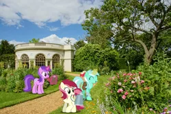 Size: 1500x1000 | Tagged: safe, artist:mlplover94, artist:mundschenk85, derpibooru import, amethyst star, lyra heartstrings, roseluck, earth pony, pony, unicorn, background pony, bag, clipboard, female, flower, garden, image, irl, london, magic, mare, mouth hold, photo, png, ponies in real life, recolor, saddle bag, telekinesis, trio, watering can