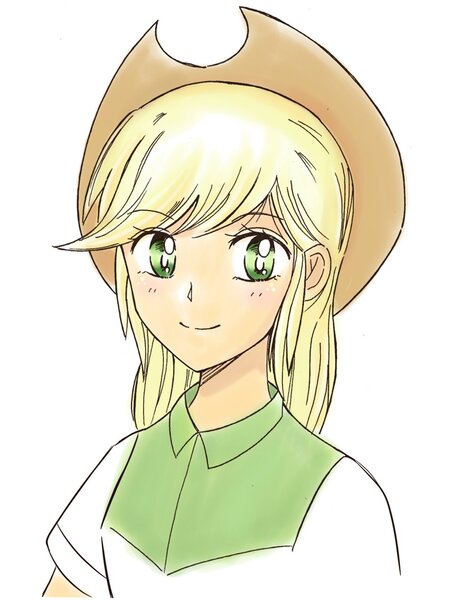 Size: 957x1263 | Tagged: safe, artist:auntie_grub, derpibooru import, applejack, equestria girls, applejack's hat, cowboy hat, female, hat, image, jpeg, looking at you, simple background, smiling, smiling at you, solo, white background