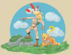 Size: 2588x1988 | Tagged: safe, artist:applephil, derpibooru import, applejack, earth pony, human, pony, arrow, big nose, boots, clothes, duo, exclamation point, female, gloves, hat, human ponidox, humanized, image, jpeg, mare, midriff, pith helmet, pointing, self paradox, self ponidox, shoes, shorts