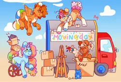 Size: 4096x2787 | Tagged: safe, artist:cocopudu, derpibooru import, oc, oc:sherbet, oc:snickerdoodle, oc:sprinkle bug, unofficial characters only, bug pony, earth pony, insect, pegasus, pony, unicorn, amputee, box, cardboard box, female, flying, image, jpeg, male, mare, moving, moving van, stallion, van, wheelchair