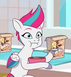 Size: 1479x1591 | Tagged: safe, derpibooru import, screencap, zipp storm, pegasus, my little pony: tell your tale, spoiler:g5, spoiler:my little pony: tell your tale, spoiler:tyts01e07, bowl, cereal box, clip trot, cropped, eating, female, g5, image, jpeg, solo, spoon