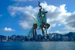 Size: 1024x683 | Tagged: safe, artist:90sigma, artist:thegiantponyfan, derpibooru import, queen chrysalis, changeling, changeling queen, pony, crown, female, giant changeling, giantess, highrise ponies, hong kong, image, irl, jewelry, jpeg, looking at you, macro, mega giant, photo, ponies in real life, regalia, smiling, solo