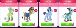 Size: 1307x482 | Tagged: safe, derpibooru import, cactus rose, cranky doodle donkey, donkey, zebra, blue coat, blue eyes, blue mane, blue tail, cheery zebra, chill zebra, clothes, game screencap, gameloft, hat, image, jpeg, mohawk, pink eyes, shirt, short tail, striped mane, tail, teal coat, teal mane, teal tail, white mane, white tail, yellow coat