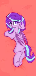Size: 712x1488 | Tagged: safe, artist:coraline0101, artist:little-sketches, derpibooru import, starlight glimmer, alicorn, bat pony, bat pony alicorn, pony, base used, bat wings, bed sheets, commission, female, floppy ears, horn, image, looking at you, mare, missing cutie mark, png, solo, solo female, species swap, wings, ych result