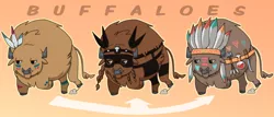 Size: 1000x429 | Tagged: safe, artist:missnook, derpibooru import, buffalo, arrow, brown fur, feather, image, mask, png, potion, simple background, trio