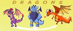 Size: 1000x429 | Tagged: safe, artist:missnook, derpibooru import, dragon, bipedal, fire, fire breath, image, png, simple background, text, trio, wings