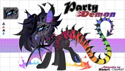 Size: 4709x2681 | Tagged: safe, artist:henorinya, artist:syriskater, derpibooru import, oc, unofficial characters only, demon, demon pony, original species, pony, bat wings, choker, collaboration, eyelashes, female, hoof polish, image, makeup, mare, png, reference sheet, running makeup, smiling, spiked choker, tongue out, underhoof, wings