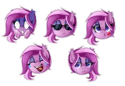 Size: 2000x1382 | Tagged: safe, artist:lupulrafinat, derpibooru import, oc, oc:wild dawn, unofficial characters only, hybrid, pony, bust, commission, duckface, female, image, laughing, lidded eyes, makeup, mare, paws, png, shocked, simple background, sunglasses, transparent background, white eyes, ych example, your character here