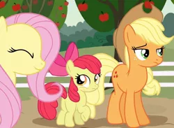 Size: 720x528 | Tagged: safe, artist:shungire, derpibooru import, apple bloom, applejack, fluttershy, earth pony, pegasus, pony, fanfic:let her in, butt, female, filly, flank, foal, image, jpeg, mare, plot, smiling