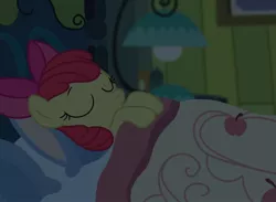 Size: 720x528 | Tagged: safe, artist:shungire, derpibooru import, apple bloom, earth pony, pony, fanfic:let her in, bed, bedroom, female, filly, foal, image, jpeg, sleeping, smiling, solo