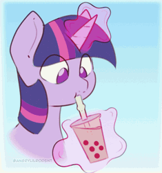 Size: 526x560 | Tagged: safe, artist:angrylittlerodent, derpibooru import, fluttershy, twilight sparkle, animated, bubble tea, choking, coughing, derp, drinking, gif, gradient background, image, magic