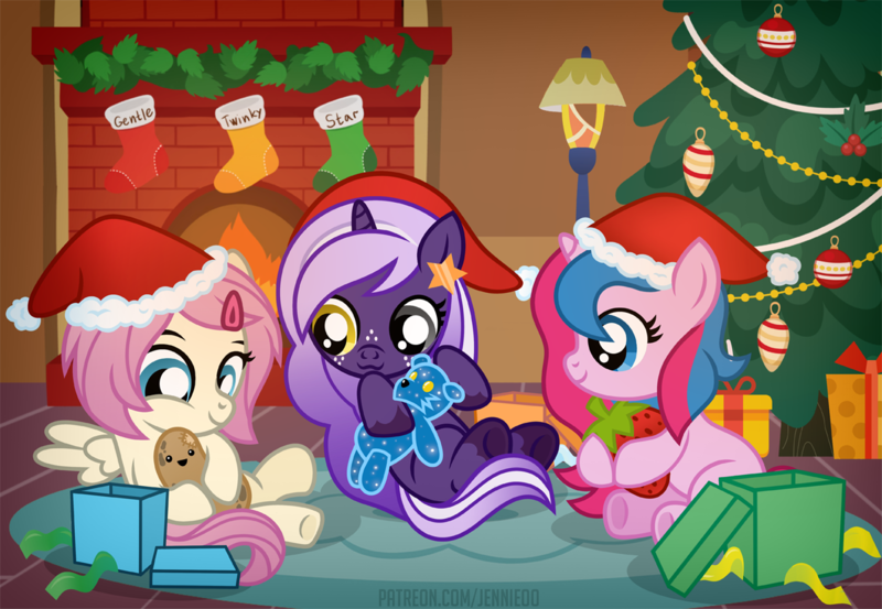 Size: 1200x830 | Tagged: safe, artist:jennieoo, derpibooru import, oc, oc:gentle star, oc:midnight twinkle, oc:star sparkle, bear, pegasus, pony, unicorn, chimney, christmas, christmas lights, christmas stocking, christmas tree, clothes, female, filly, foal, food, hat, hearts warming day, holiday, image, plushie, png, potato, present, santa hat, socks, strawberry, tree, vector