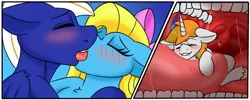 Size: 1280x512 | Tagged: safe, derpibooru import, oc, oc:cuteamena, oc:electric blue, oc:gentlesteps, unofficial characters only, pegasus, pony, unicorn, commission, drool, electricute, female, image, jpeg, kissing, macro, male, mare, micro, shipping, stallion, tongue play, uvula, vore, vore snowballing, your character here