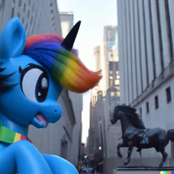 Size: 1024x1024 | Tagged: safe, dall-e 2, derpibooru import, rainbow dash, pony, unicorn, female, image, jpeg, mare, new york city, race swap, solo, statue