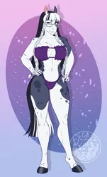 Size: 1926x3183 | Tagged: suggestive, artist:askbubblelee, derpibooru import, oc, oc:clarabelle meadow, unofficial characters only, anthro, earth pony, unguligrade anthro, abs, absolute cleavage, anthro oc, big breasts, bikini, boob window, breasts, cleavage, clothes, commission, digital art, earth pony oc, female, frown, glasses, hand on hip, image, muscles, muscular female, png, solo, solo female, swimsuit, unamused
