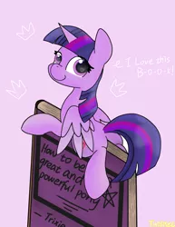Size: 2198x2842 | Tagged: safe, artist:twiliset, derpibooru import, twilight sparkle, twilight sparkle (alicorn), alicorn, pony, book, butt, crown, cute, hug, image, jewelry, looking at you, plot, png, regalia, smiling, smiling at you, solo, talking, tiny, tiny ponies