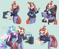 Size: 3076x2560 | Tagged: safe, artist:dstears, derpibooru import, moondancer, princess celestia, alicorn, anthro, earth pony, plantigrade anthro, unicorn, breasts, business suit, busty moondancer, clothes, coffee, computer, ear fluff, floppy ears, food, glasses, grumpy, image, jpeg, laptop computer, messy mane, missing shoes, noodles, open mouth, ramen, socks, stocking feet, sweater, turtleneck, working
