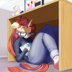 Size: 1920x1934 | Tagged: safe, artist:dstears, derpibooru import, fluttershy, moondancer, anthro, plantigrade anthro, pony, unicorn, breaking, breasts, clothes, ear fluff, eyes closed, food, glasses, image, jeans, jpeg, missing shoes, monitor, noodles, open mouth, pants, puella magi madoka magica, ramen, sleeping, socks, stocking feet, sweater, turtleneck