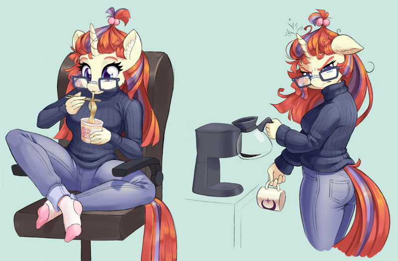 Size: 1522x1000 | Tagged: safe, artist:dstears, derpibooru import, moondancer, anthro, earth pony, unguligrade anthro, coffee, coffee mug, eating, floppy ears, food, image, jpeg, mug, noodles, ramen, simple background, sitting