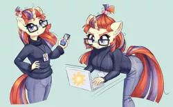 Size: 1608x1000 | Tagged: safe, artist:dstears, derpibooru import, moondancer, anthro, unicorn, computer, ear fluff, glasses, image, jpeg, laptop computer