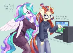 Size: 1400x1021 | Tagged: safe, artist:dstears, derpibooru import, moondancer, princess celestia, alicorn, anthro, unicorn, breasts, computer, ear fluff, female, females only, glasses, image, jpeg, nail polish, nails, office, open mouth